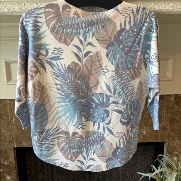 Milano Tropical Leaf Print Sweater- Blue, Green, Cream - Picture 3 of 4